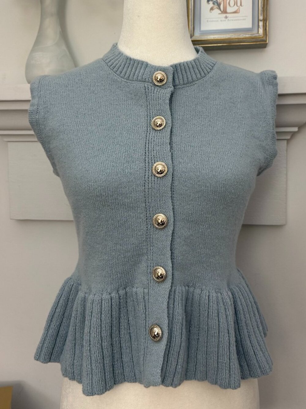 SHEIN Powder Blue Peplum Sweater Vest Gold Button Cardigan Top S